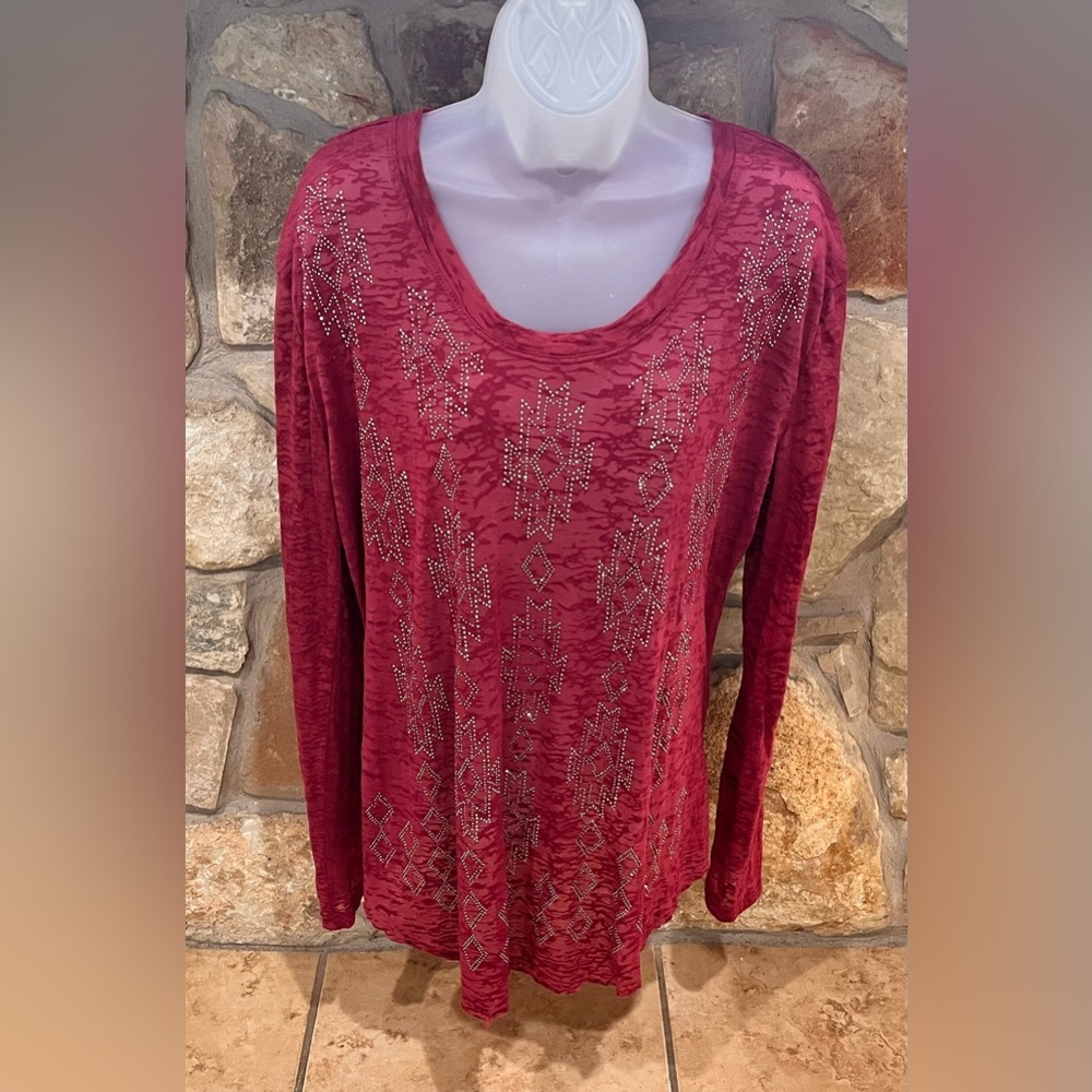 Rock & Roll Cowgirl Maroon Thin Knit Burn Out Shirt XL Tribal Studded Designs